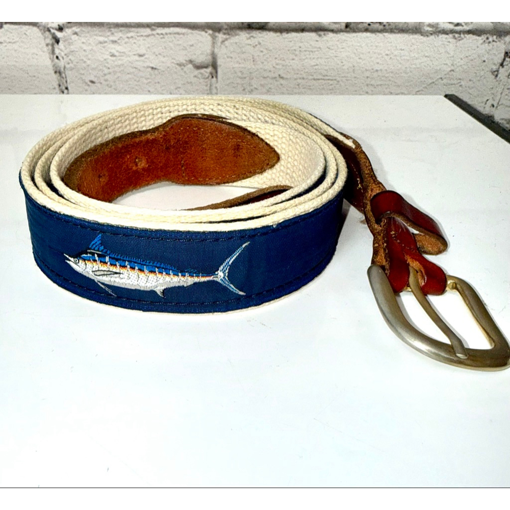 Men's Leather Man LTD Blue & White Embroidered Fish Belt size XXL Vintage Belt